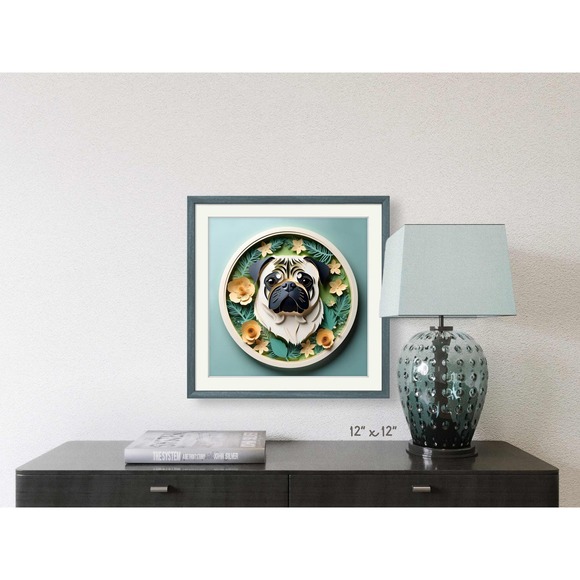 Pug Papercut Art: 12x12 Tan Pug Dog Pet Portrait Digital Art Print, Memorial - Picture 5 of 7
